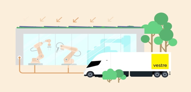 Diagram Showing Solar Panels Powering Production and Electric Trucks