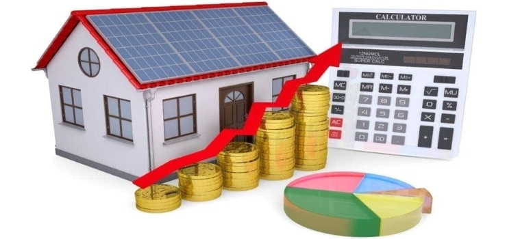 a house with solar panels and a calculator with money