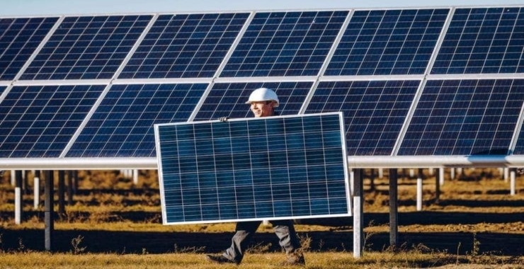 a man carrying a solar panel