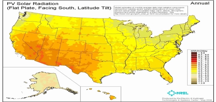 Annual PV Solar Radiation in the United States