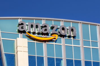 Image of the amazon company logo on the side of a building